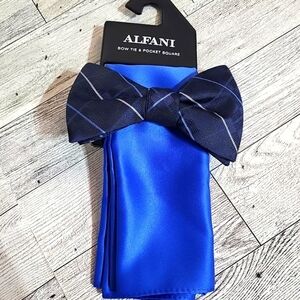 Alfani Canfield Grid‎ Navy Blue Bow Tie & Royal Blue Pocket Square NWT Pre-Tied